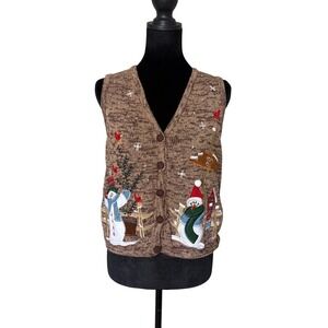 Kikit Studio Brown Marled Christmas Sweater Vest Hand Embroidered Women Large